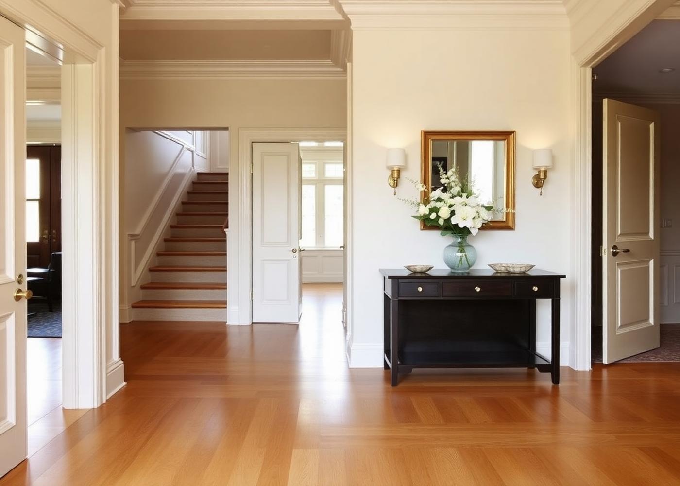 Private home entryway with polished floors and flowers
